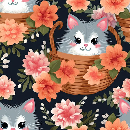 Cute kittens in flower baskets, creating a charming seamless pattern. Perfect for spring or summer designs.の写真素材