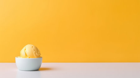 Single scoop of creamy yellow ice cream in a light blue bowl set against a bright yellow backdrop. Summery and refreshing.の写真素材