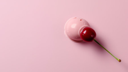 A single scoop of pink ice cream topped with a fresh cherry on a pink background.