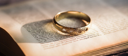 A golden ring rests on an open antique book, symbolizing enduring love and commitment.