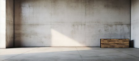 Empty concrete room with a wooden platform. Minimalist interior design.の写真素材