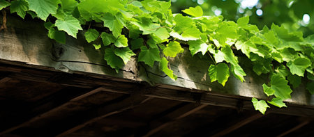 Close-up of vibrant green leaves on a weathered wooden structure. A serene and natural scene.
