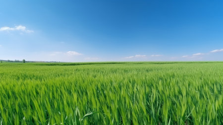 A picturesque view of a sprawling green field extending to the horizon under a clear blue sky. The...