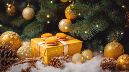 Yellow gift box with macarons sits under a decorated Christmas tree. Gold ornaments and snow add to the festive scene.の写真素材