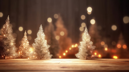 Glimmering Christmas trees on a rustic wooden surface, bathed in warm, festive lights. A magical winter scene.の写真素材