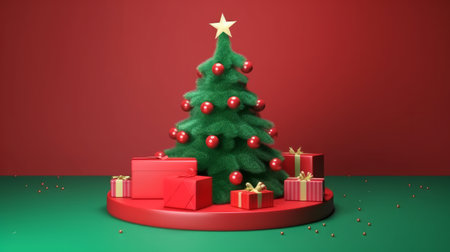 A 3D rendered image of a Christmas tree adorned with red ornaments and surrounded by red presents. The scene is set against a red and green background, adding to the festive feel.の写真素材