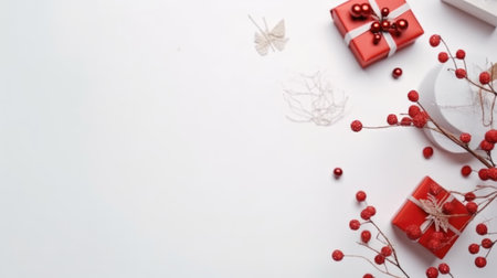 Red and white Christmas gifts with decorations on white background. Festive holiday season concept.の写真素材