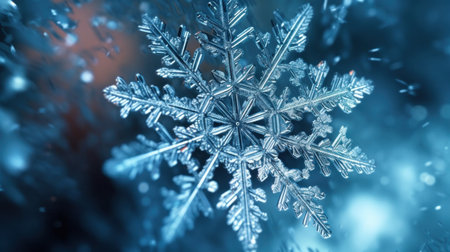 A close-up shot of a single, intricately detailed snowflake against a blurred background.の写真素材