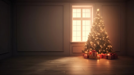 A beautifully decorated Christmas tree stands in a room, bathed in warm light. Presents are scattered around its base.の写真素材