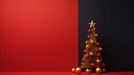 A stylish Christmas tree decorated with red and gold ornaments stands against a dark blue and red background. Minimalist and festive.の写真素材