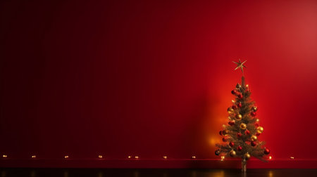 A small Christmas tree adorned with red and gold ornaments stands elegantly against a rich red backdrop. Small lights add a warm glow.の写真素材