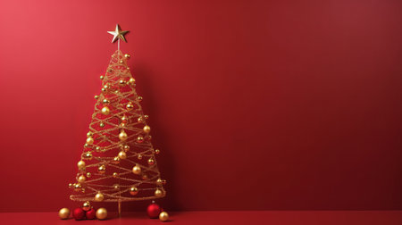 A stylish gold Christmas tree decorated with red and gold ornaments stands against a rich red background. Festive and elegant.の写真素材