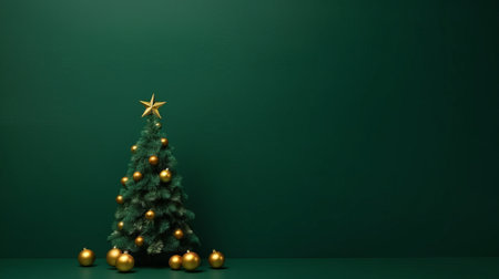 A minimalist Christmas tree decorated with gold ornaments stands against a rich green backdrop. The image conveys elegance and festive cheer.の写真素材