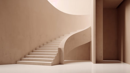 A modern, minimalist beige staircase in a curved wall. Clean lines and simple design.の写真素材