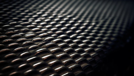 Close-up of a dark metal texture with an interlocking pattern. Abstract and industrial, showing...