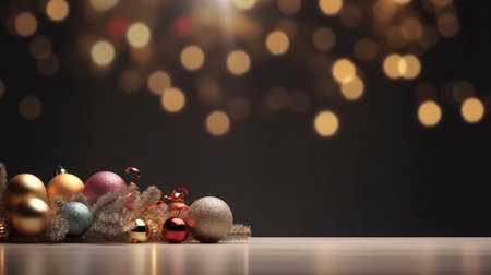 A collection of colorful Christmas ornaments arranged on a wooden surface against a bokeh...