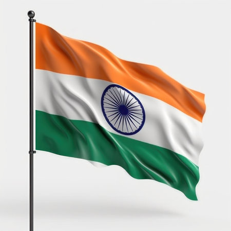 A 3D render of the Indian flag gracefully waving. The vibrant saffron, white, and green colors...