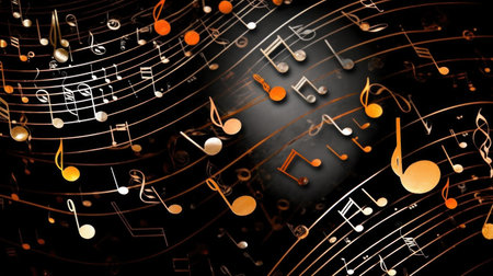 Abstract art depicting musical notes in golden hues on a dark background. Elegant and dynamic.の写真素材