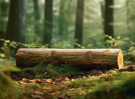A solitary log rests on a bed of moss in a sun-dappled forest. The scene evokes a feeling of serenity and peace.の写真素材