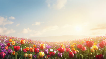 A breathtaking sunrise over a field of colorful tulips. The vibrant colors and soft light create a serene atmosphere.の写真素材