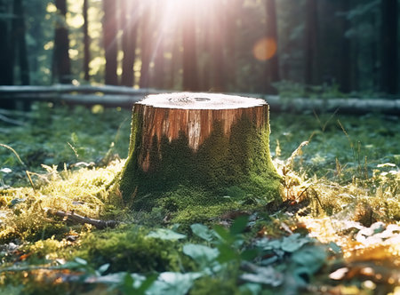 A mossy tree stump bathed in sunlight in a forest setting. Peaceful, natural scene.