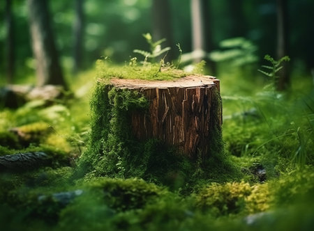 A tranquil scene of a moss-covered tree stump in a lush green forest. The image evokes a sense of peace and serenity.の写真素材