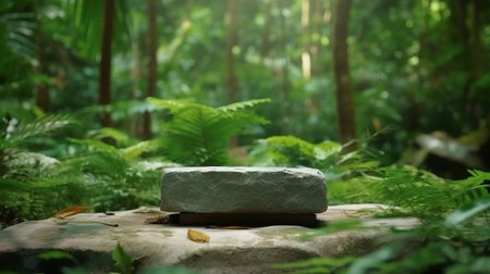 A gray stone rests on a larger rock in a dense green forest. Perfect for product display.