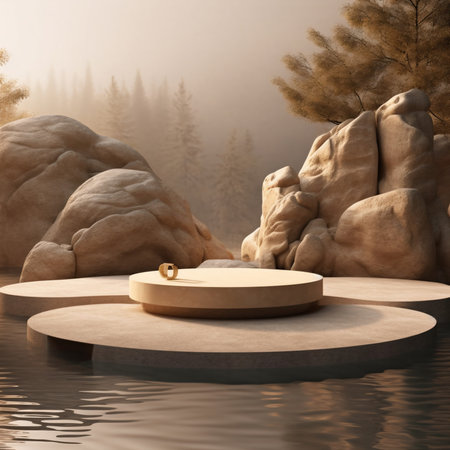 A tranquil scene of a golden ring on a platform by still water, rocks, and a misty forest.の写真素材