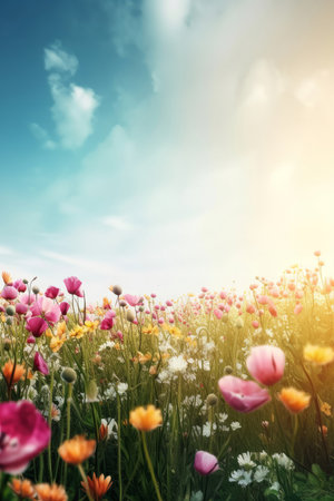A picturesque scene of a vibrant flower meadow bathed in sunlight under a clear blue sky. The flowers are in full bloom.の写真素材
