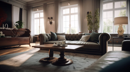 A sunlit, elegant living room with luxurious furniture and natural light streaming through large...