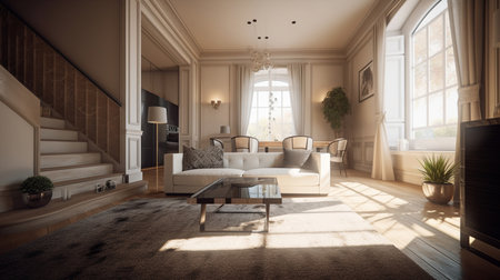 A sunlit living room with elegant furniture and classic design elements. The image portrays a sense...