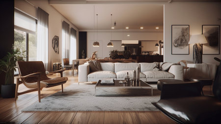 A modern and serene living room, featuring stylish furniture and a calming ambiance.