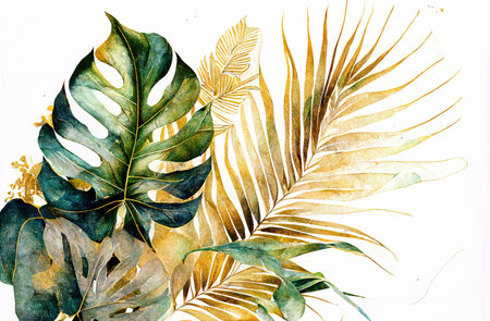 Watercolor painting of tropical leaves in gold and green tones. Perfect for home decor.の写真素材