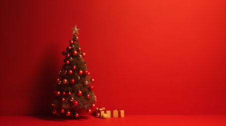 A minimalist Christmas scene featuring a decorated Christmas tree and gifts against a solid red...