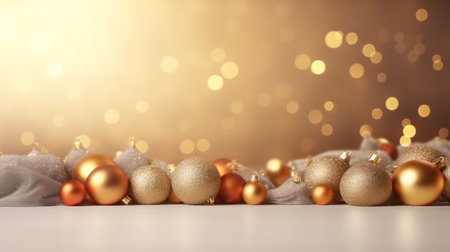 A stunning arrangement of golden and silver Christmas ornaments nestled on a soft fabric, creating a luxurious and festive feel with warm, sparkling bokeh background.の写真素材