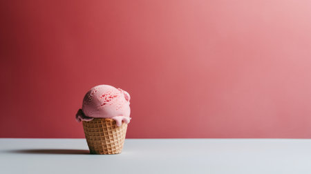 A solitary scoop of pink ice cream sits in a crisp waffle cone, set against a muted dew backdrop. The image is minimalist and evokes a sense of summer coolness.の写真素材