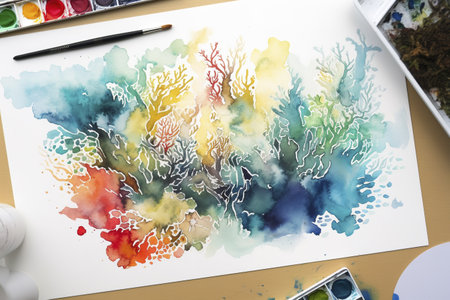 A stunning abstract watercolor painting depicting a vibrant coral reef. The artwork showcases a blend of colors and textures, creating a dreamy underwater scene.の写真素材
