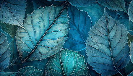 Intricate teal leaves create a stunning autumnal backdrop. Perfect for design or nature lovers.の写真素材