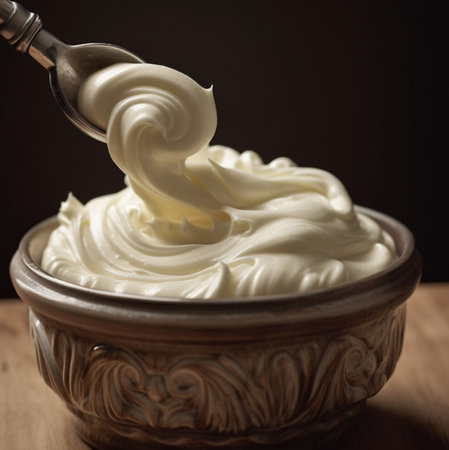 Close-up of creamy whipped cream being spooned into a decorative bowl. A luxurious and appetizing image.の写真素材