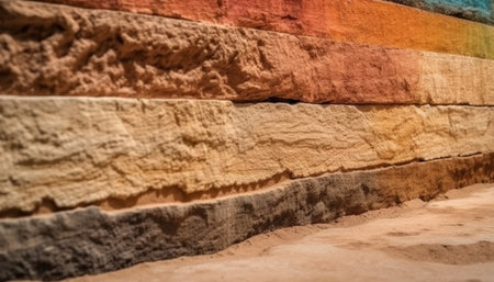 A close-up view of a layered stone wall, displaying a spectrum of earthy colors and textured surfaces. The image highlights the geological layers and the natural beauty of the stone.の写真素材