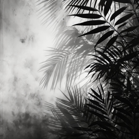 Dramatic black and white image of palm leaves and their shadows, creating a striking visual contrast.の写真素材