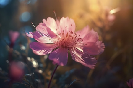 A single pink flower bathed in warm, golden light. Delicate petals and soft focus create a serene atmosphere.の写真素材