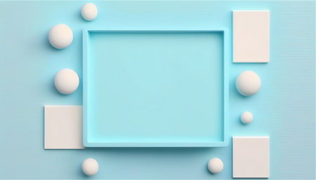 A minimalist image featuring a light blue frame and several white geometric shapes, including...