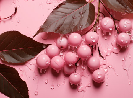 Close-up of pink berries with water droplets, autumn leaves on pink background. Serene still life image.の写真素材