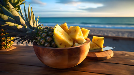 Juicy pineapple slices in a wooden bowl, beach sunset backdrop.の写真素材
