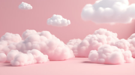 A dreamy 3D render of soft pink and white clouds against a pastel pink background. Evokes feelings of peace and tranquility.の写真素材
