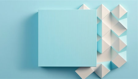 A minimalist image featuring a light blue square and white triangles creating a geometric abstract...