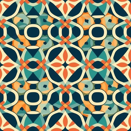 Colorful geometric pattern with repeating shapes and intricate designs. Perfect for backgrounds or textures.の写真素材