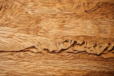 Close-up shot of rustic wooden texture showing detailed grain patterns and warm brown tones. Perfect for background or design element.の写真素材