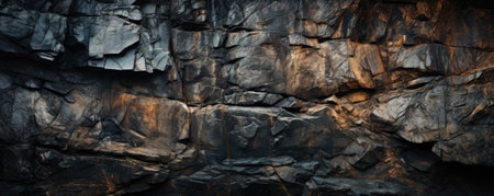 Close-up view of a dark, textured rock face. The image emphasizes the rough, uneven surface and...
